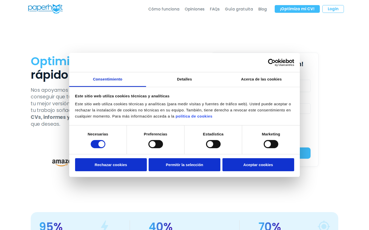 Interfaz oficial de Paperhoot, herramienta de IA para optimizar currículums