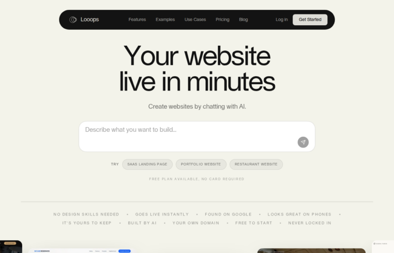 Captura de pantalla de Looops, creador de webs con IA conversacional