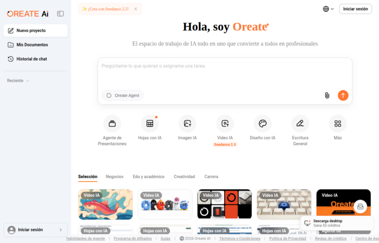 Captura de pantalla de Oreate AI, espacio de trabajo de IA todo en uno