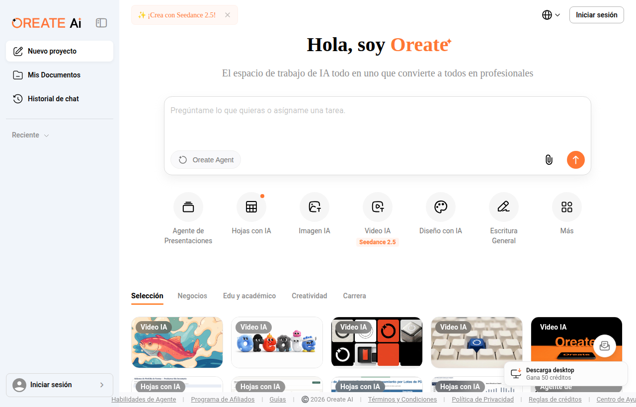 Captura de pantalla de Oreate AI, espacio de trabajo de IA todo en uno