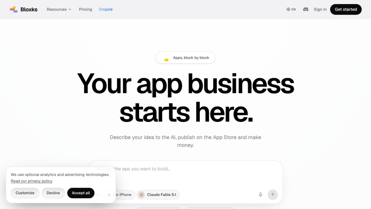 Bloxks - captura de pantalla del sitio oficial, creador de apps móviles con IA