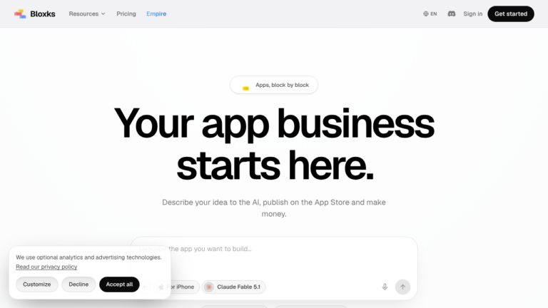 Bloxks - captura de pantalla del sitio oficial, creador de apps móviles con IA