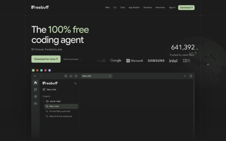 Freebuff - captura de pantalla de la web oficial del agente de programación gratuito