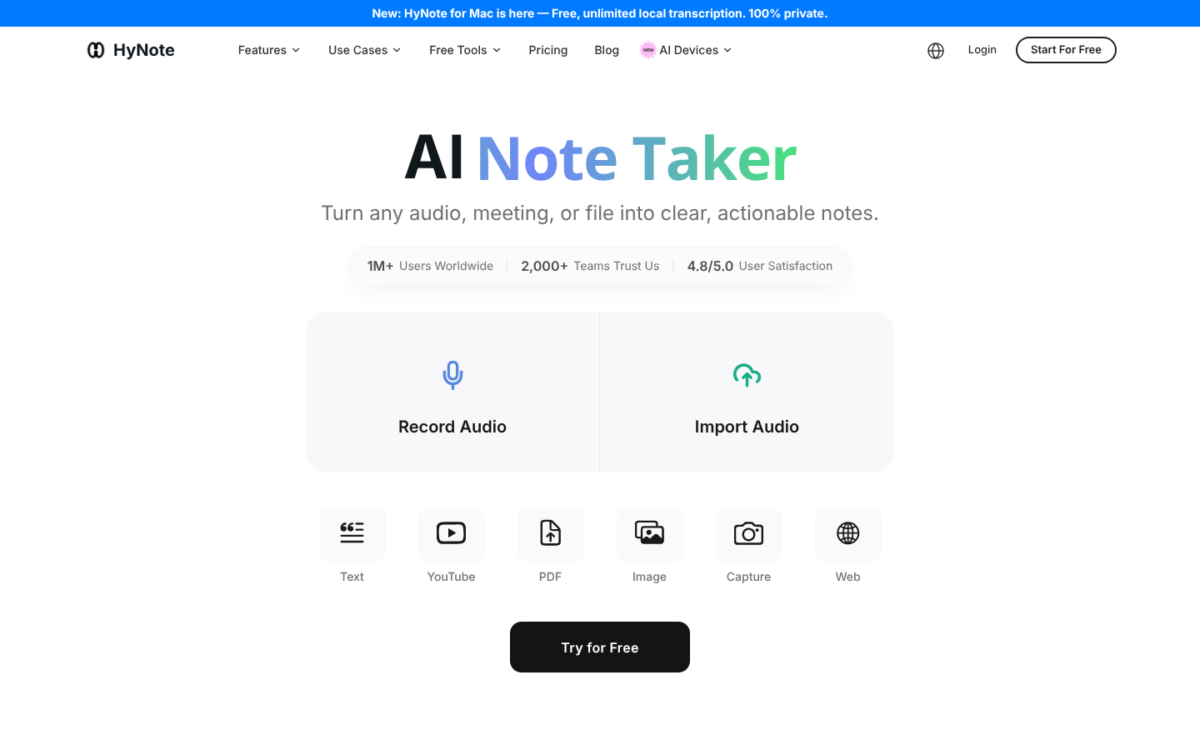 HyNote - captura de pantalla de la web oficial