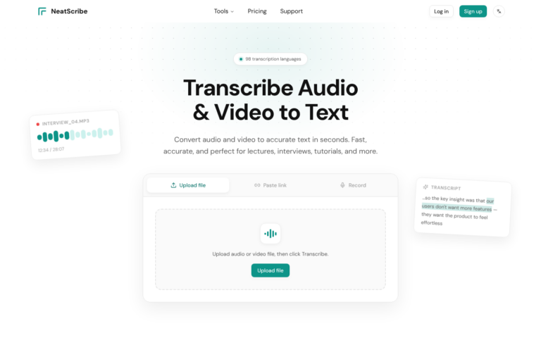 Captura de la página principal de NeatScribe, el transcriptor de audio y vídeo a texto