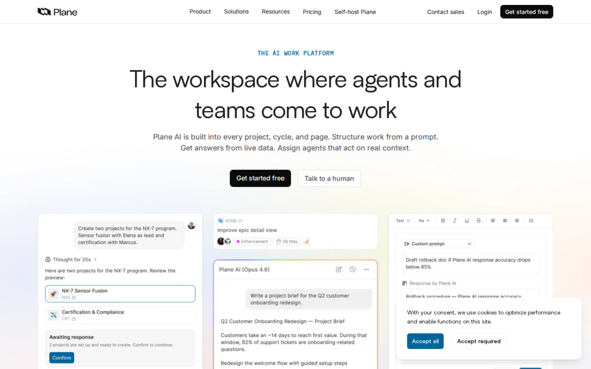 Captura de pantalla oficial de Plane Agents, agentes de IA para gestion de proyectos
