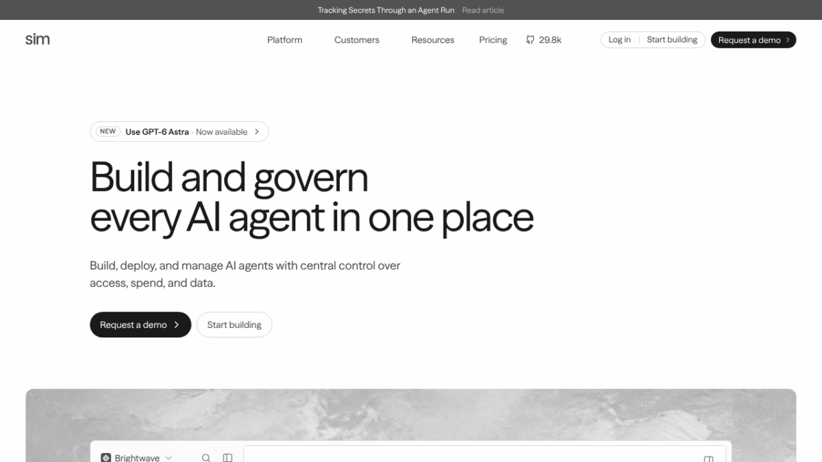 Sim - captura de pantalla del sitio oficial, espacio de trabajo de IA para agentes