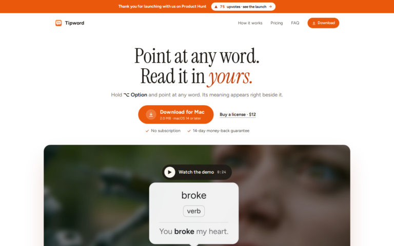 Captura de pantalla de la web oficial de Tipword, herramienta de traduccion instantanea para Mac